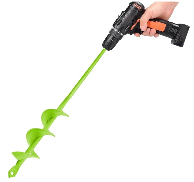 Green garden auger drill bit attached to a handheld drill, used for digging planting holes, loosening soil, and preparing upcycled garden containers for drainage.