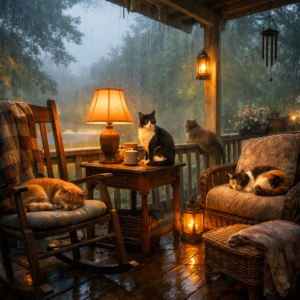 A cozy porch scene on a rainy day with several cats resting on chairs and tables near a glowing lamp, surrounded by damp wooden floors and soft light.