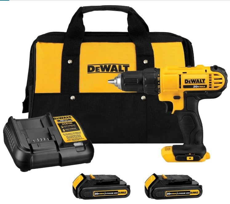 DEWALT 20V MAX cordless drill kit with batteries, charger, and carrying bag, used for drilling drainage holes in upcycled garden containers and preparing planters for container gardening.