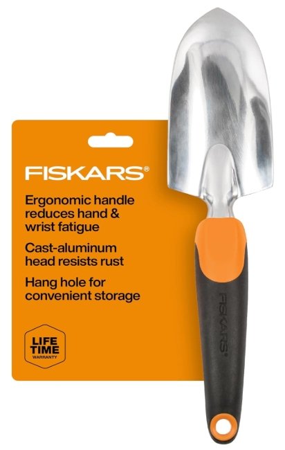 Fiskars ergonomic garden trowel with a cast‑aluminum head and comfort‑grip handle, used for digging soil, planting in containers, and preparing upcycled garden planters.