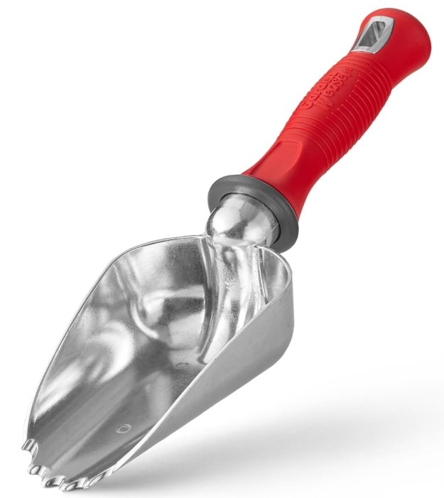 Garden Weasel soil scoop with a red comfort‑grip handle and serrated metal blade, used for digging, scooping soil, and filling upcycled garden containers in container gardening.