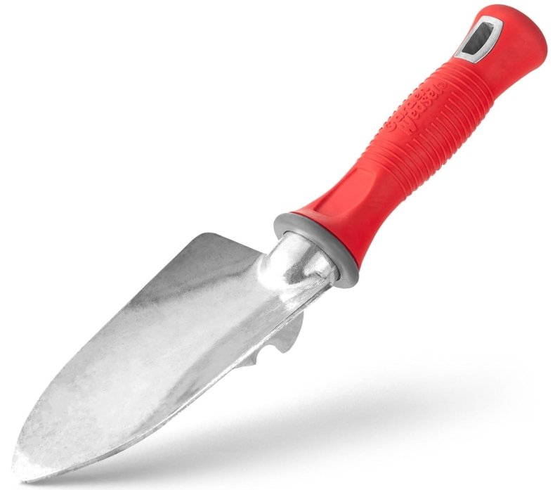 Garden Weasel hand trowel with a red comfort‑grip handle and metal digging blade, used for planting, scooping soil, and preparing upcycled garden containers in container gardening.