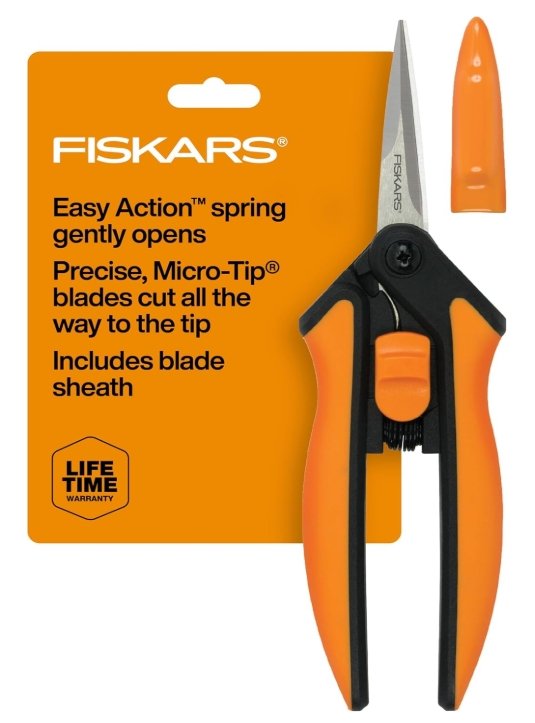 Fiskars micro‑tip herb snips with easy‑action spring and protective sheath, used for trimming herbs, harvesting leafy greens, and precision pruning in container gardening.