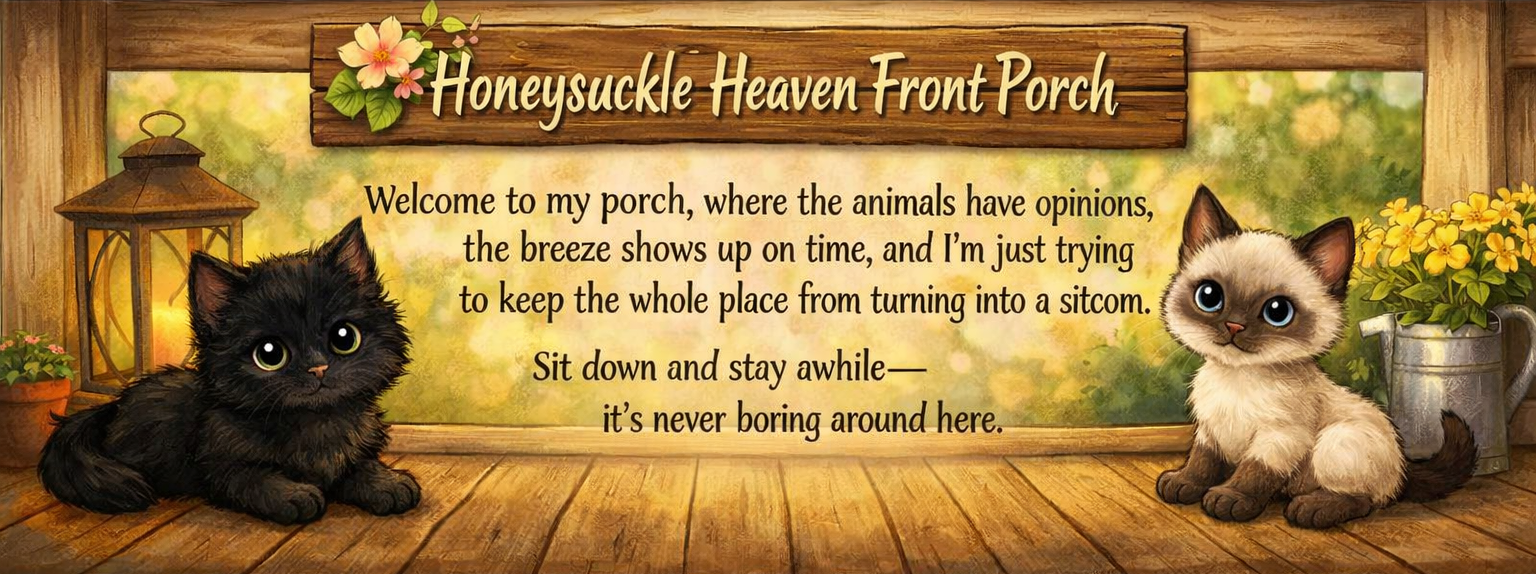 Banner illustration for Honeysuckle Heaven Front Porch showing Boo, a fluffy black kitten, and Tilly, a Siamese kitten, sitting on a wooden porch beneath a rustic sign with honeysuckle flowers. Cream‑colored text reads: ‘Welcome to my porch, where the animals have opinions, the breeze shows up on time, and I’m just trying to keep the whole place from turning into a sitcom. Sit down and stay awhile—it’s never boring around here.’ Warm lighting and greenery create a cozy Southern porch atmosphere.