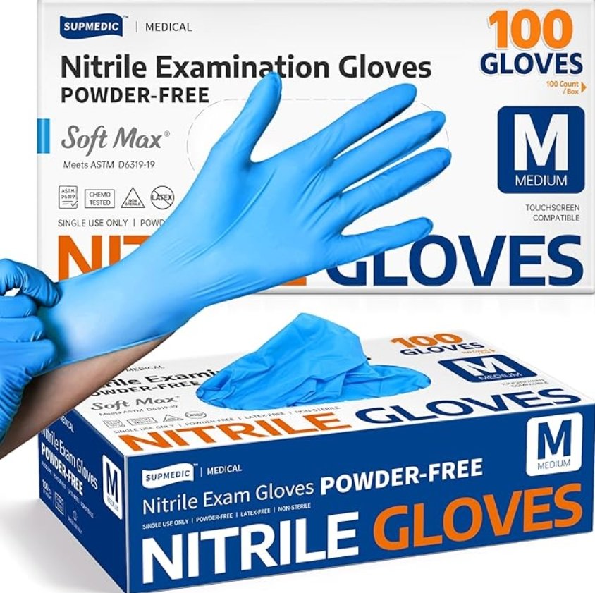 Blue nitrile gardening gloves from SUPMEDIC, used for protecting hands while handling soil, fertilizers, and upcycled garden containers in container gardening.