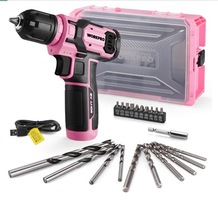 Pink WORKPRO 8V cordless drill set with drill bits, screwdriver bits, and a clear case, used for drilling drainage holes in upcycled garden containers and small outdoor gardening projects.