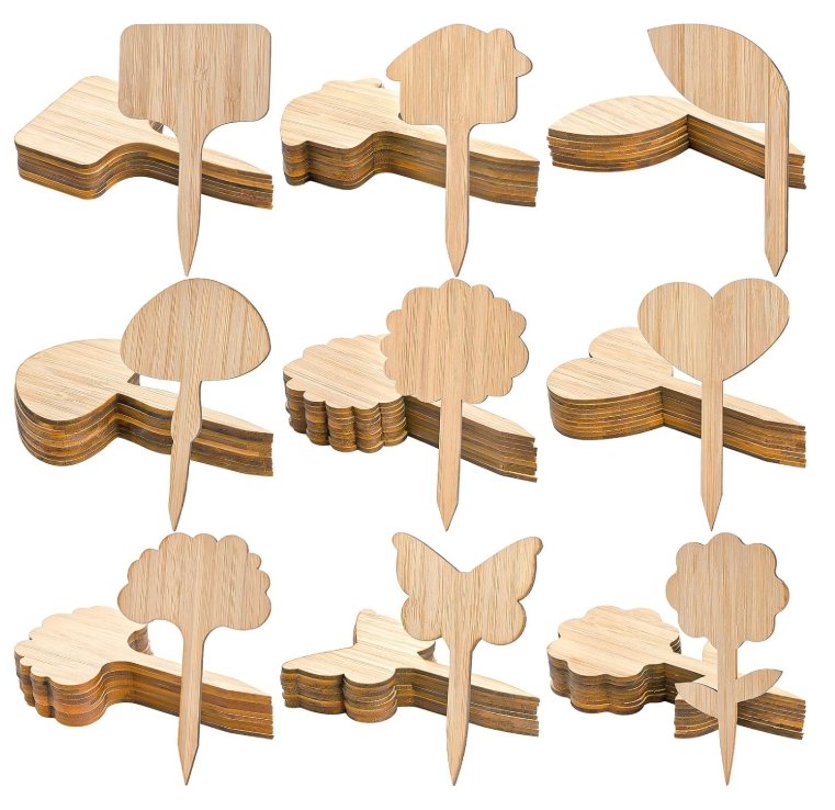 Bamboo plant label set in assorted shapes, used for marking seedlings, herbs, and upcycled garden containers in eco‑friendly container gardening.