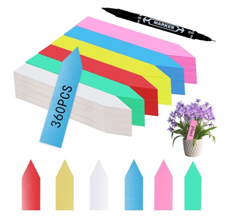 Colorful plant label set with marker pen, used for labeling seedlings, herbs, and upcycled garden containers in organized container gardening.