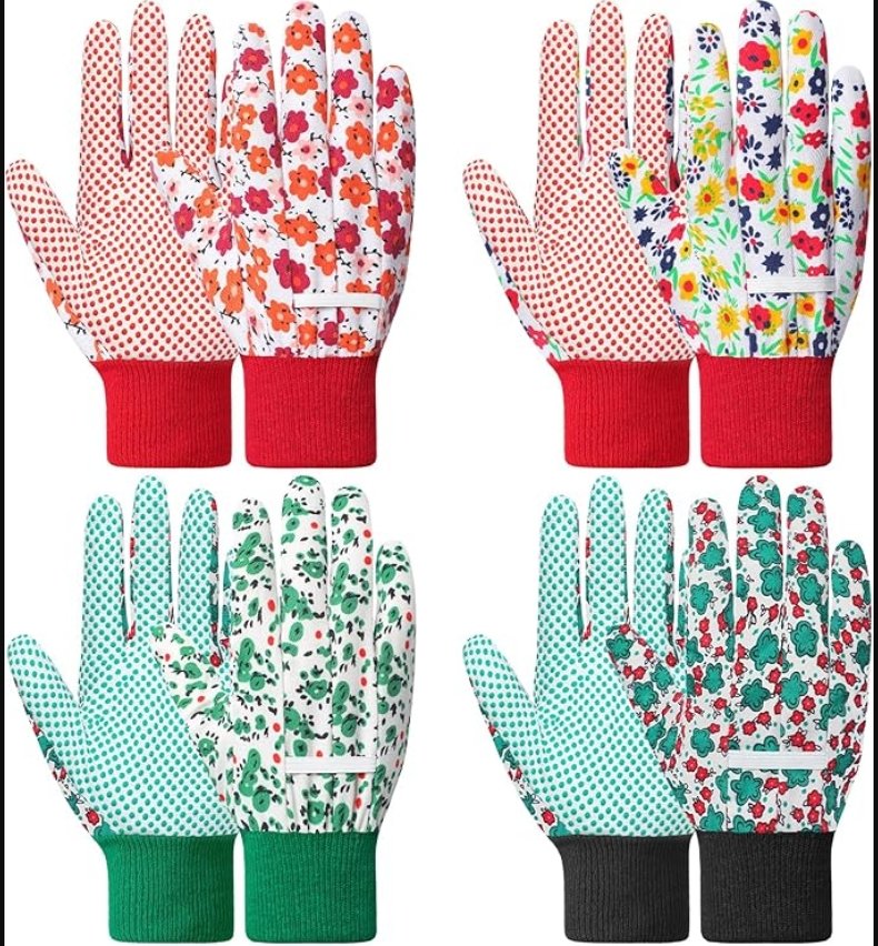 Floral-pattern gardening gloves in assorted colors, used for protecting hands while planting, repotting, and working with soil in container gardens and upcycled garden projects.
