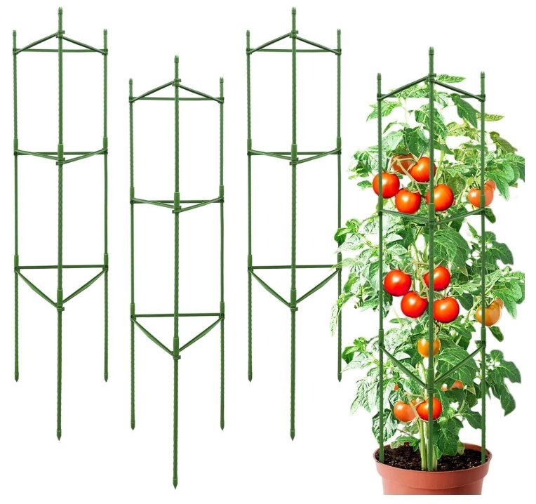 Green metal tomato cages used to support tomato plants and keep container garden vegetables growing upright in pots and upcycled garden containers.