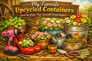 Upcycled garden containers used as planters, gardening tools, gloves, snips, and DIY planter ideas for beginner gardeners.
