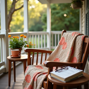 A cozy Southern porch with a wooden swing, soft quilt, sweet tea, and a notebook titled “Virus Tips of the Day,” capturing a peaceful, comforting quarantine moment.