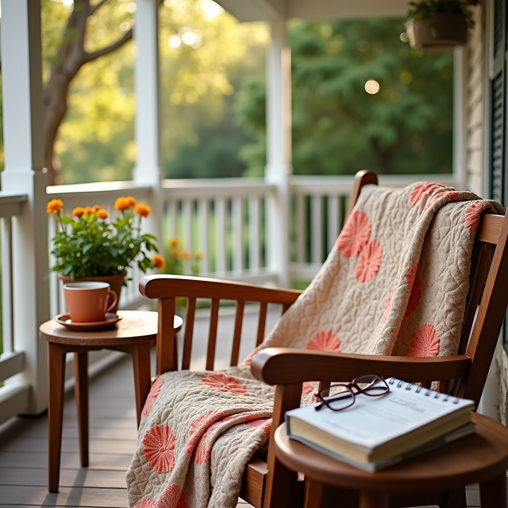 A cozy Southern porch with a wooden swing, soft quilt, sweet tea, and a notebook titled “Virus Tips of the Day,” capturing a peaceful, comforting quarantine moment.